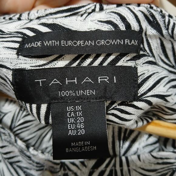 Tahari Shirt Womens 1X White Black Linen Leaf Print Button Front Tunic Top - Picture 7 of 13
